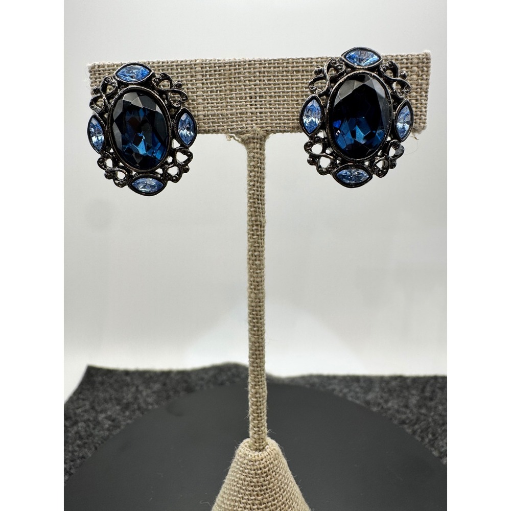 Vintage Style Blue Crystal Clip On Earrings Gunmetal Filigree Statement Jewelry
